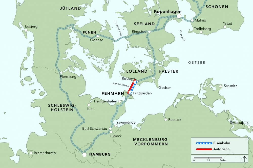 Fehmarnbelt tunnel on the map,connecting Germany to Denmark