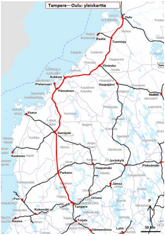 The railway Tampere - Oulu in red, map: TFIA