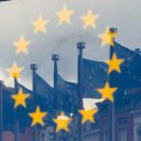 EU Flags and Berlaymont Building