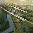 CGI aerial view of HS2 viaducts over a river in rural England