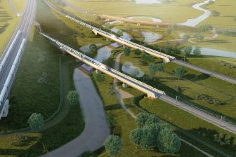 CGI aerial view of HS2 viaducts over a river in rural England