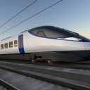 CGI of an HS2 train in the open country - looking up from track level