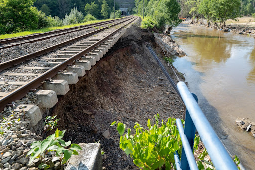Flooding washed away railway embankements in Wallonia, Belgium in 2021