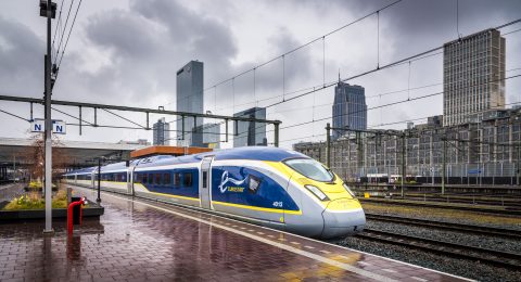 Eurostar train in urban setting