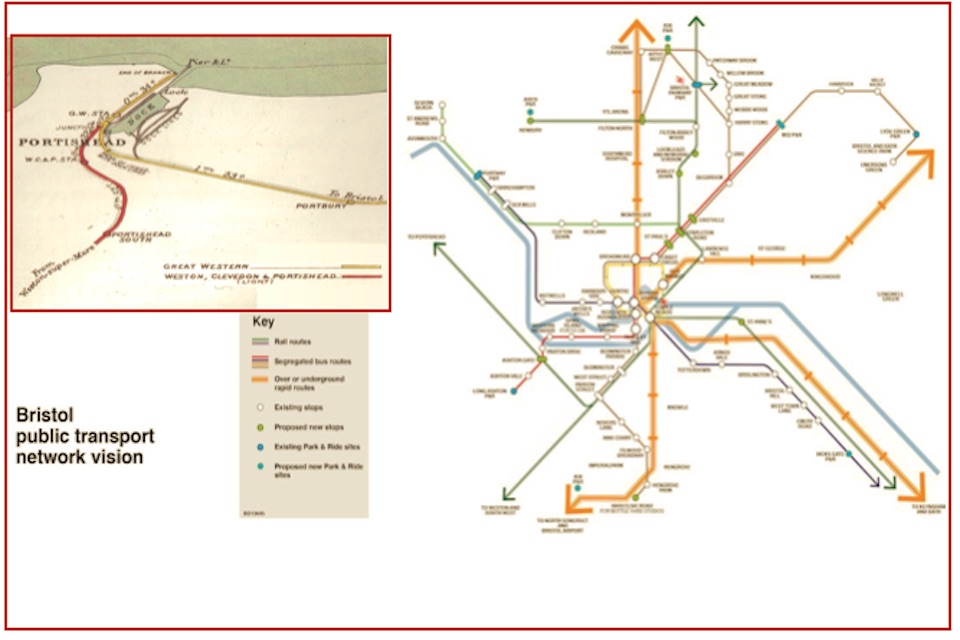 schematic map of Bristol Metro and a historic map of lines into Portishead