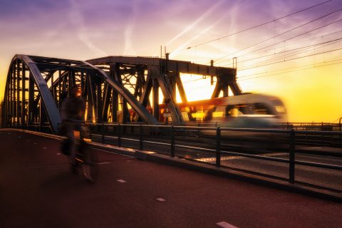 Sunlit train crossing bridge in the Netherlands