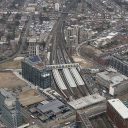Aerial shot of East Croydon station and the city around
