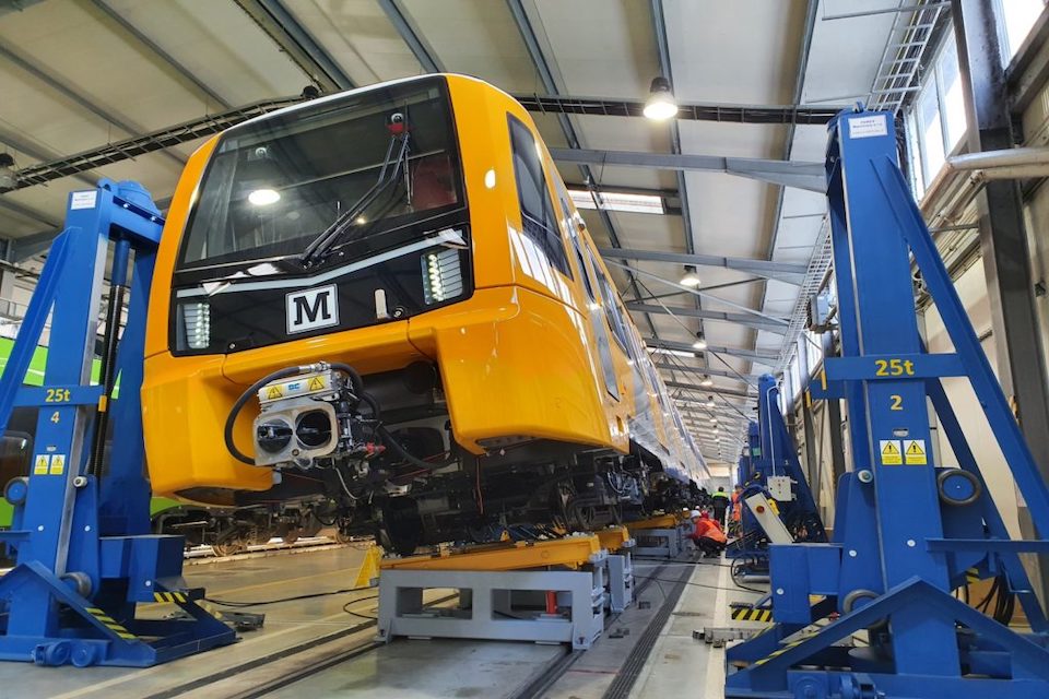 Stadler class 555 metro train in Tyne and Wear yellow livery on static test bed in Czech Republic