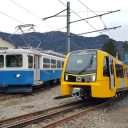 Stadler Class 555 metro train in yellow livery of Tyne and Wear Metro on test at Risi in the Swiss Alps