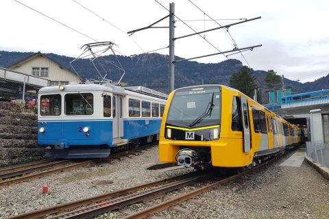 Stadler Class 555 metro train in yellow livery of Tyne and Wear Metro on test at Rigi in the Swiss Alps