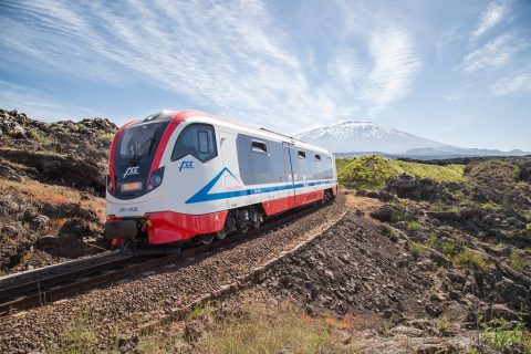 Vulcano diesel train on Sicily's Circumetnea Railway, which will be replaced by hydrogen trains