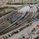 Aerial view of the Eastcroft depot in Nottingham showing multipole units and locomotives on the sheds