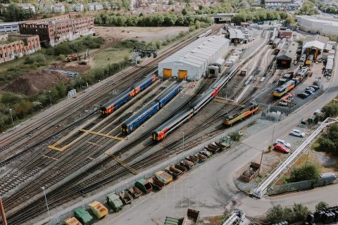 Aerial view of the Eastcroft depot in Nottingham showing multipole units and locomotives on the sheds