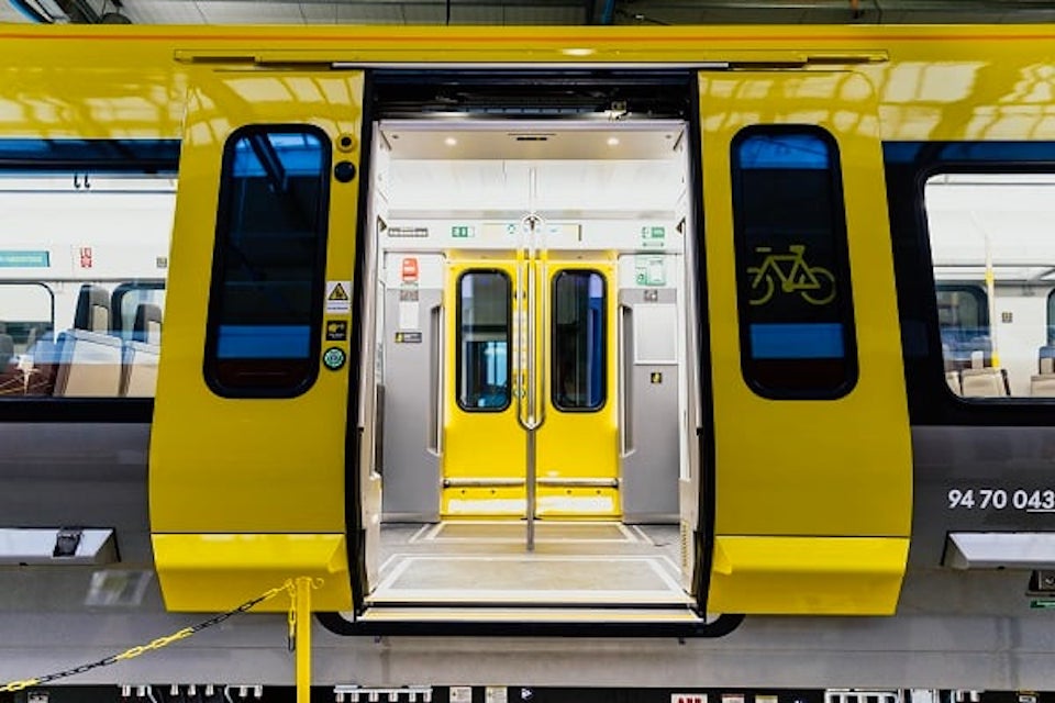 Image through the open doors of Liverpool’s new Stadler built Class 777 metro trains