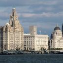Panorama of Liverpool Pier Head, with the Royal Liver Building, Cunard Building and Port of Liverpool Building, collectively the known as The Three Graces