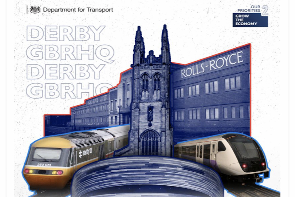 Poster depicting Derby's win as host city for GBRHQ, including trains and Rolls Royce building