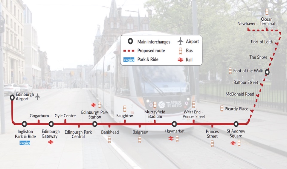 Diagram of Edinburgh Tram Network - one line from the airport to Newhaven