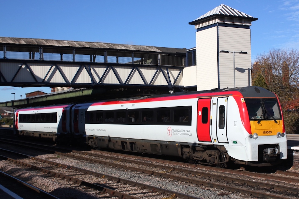 A class 175 DMU in Transport for Wales colours at Hereford station
