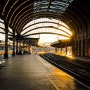 York station with sunrise light shining through canopy on to platforms