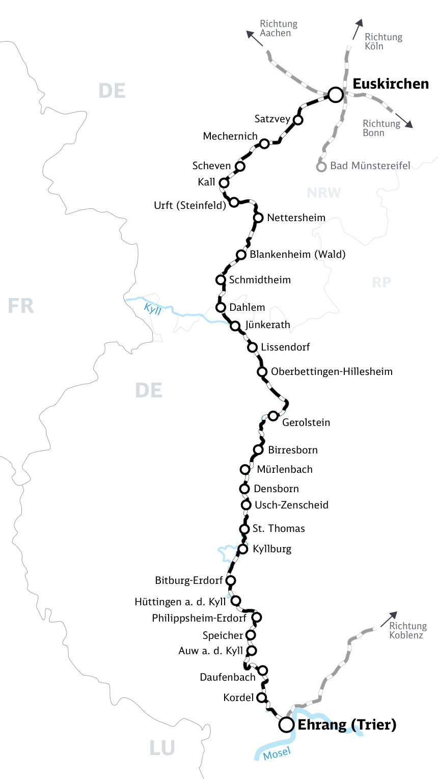 Map of the Eifel Line railway in Germany