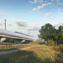 CGI of an HS2 train on a viaduct at speed over leafy Warwickshire countryside with father and child walking beneath on path