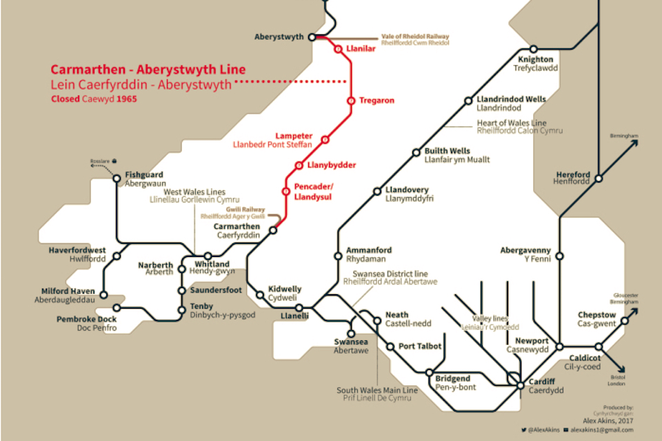 Map of the Carmarthen - Aberystwyth line