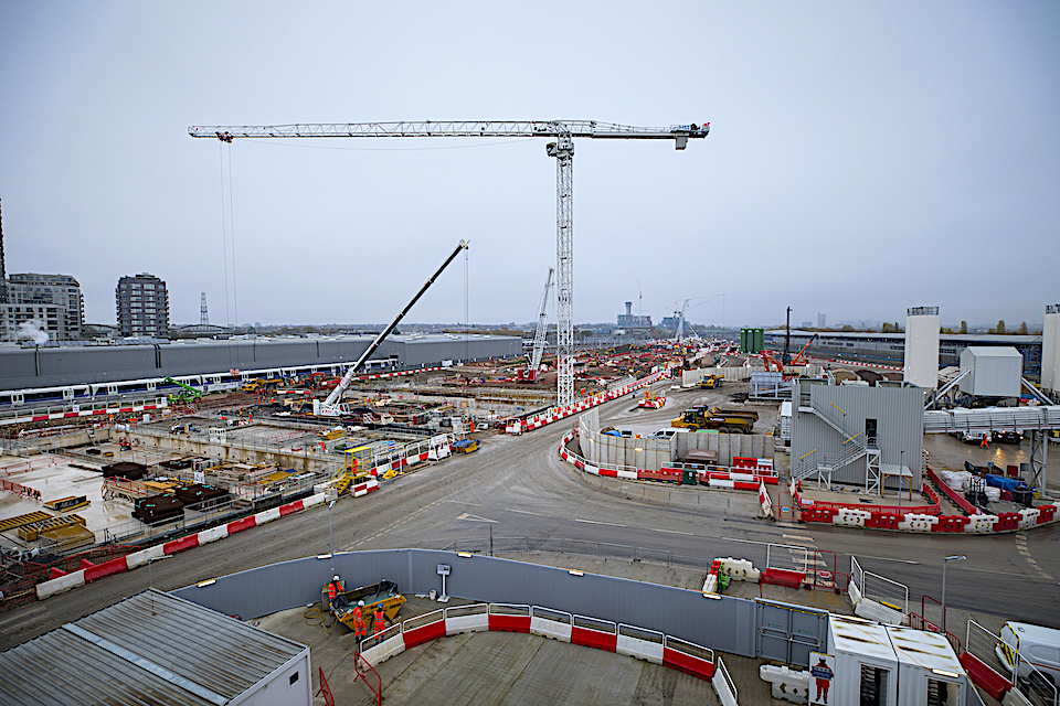 Construction cranes over the site of HS2 Old Oak Common station