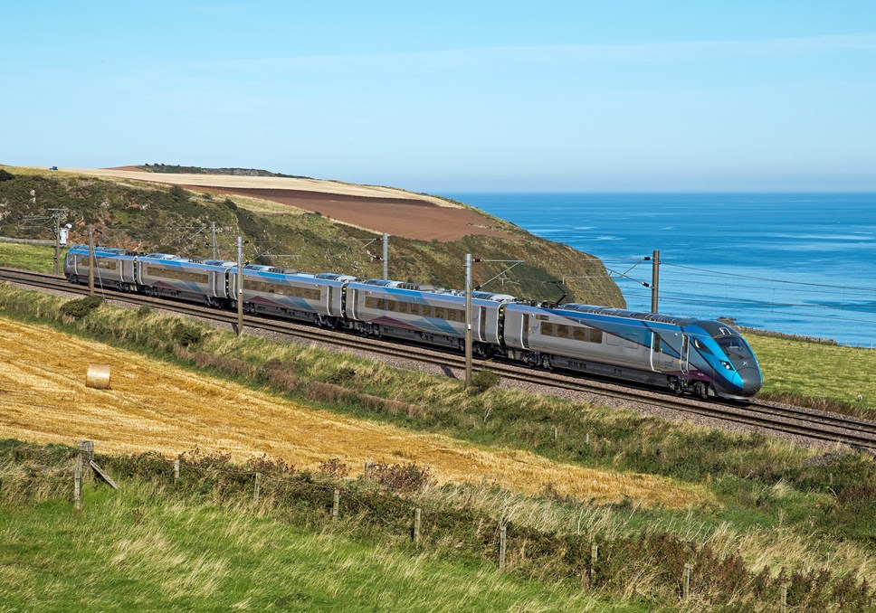 Image of Transpennine Express Nova train running on the East Coast Main Line near the Scottish Border