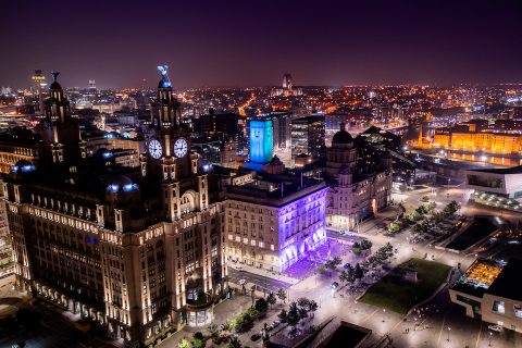 Overhead view of Liverpool waterfront at night