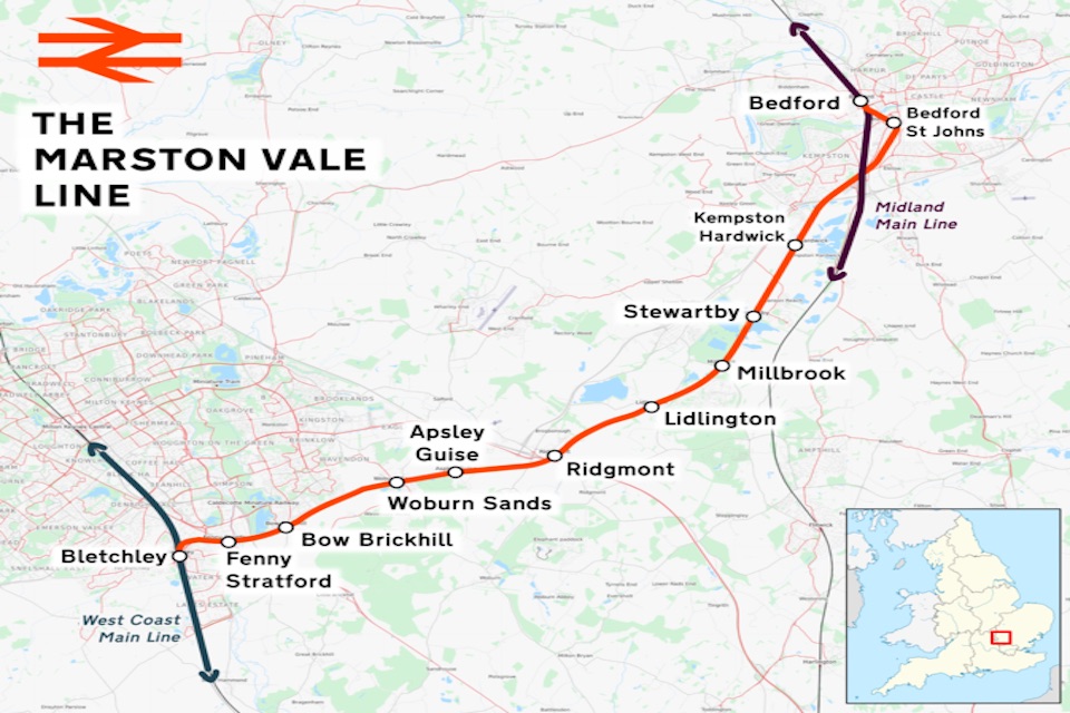 Map of the Marston Vale Line between Bletchley and Bedford in England