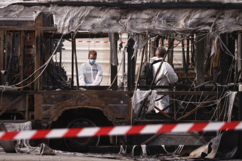 Burnt bus after Paris area riots.