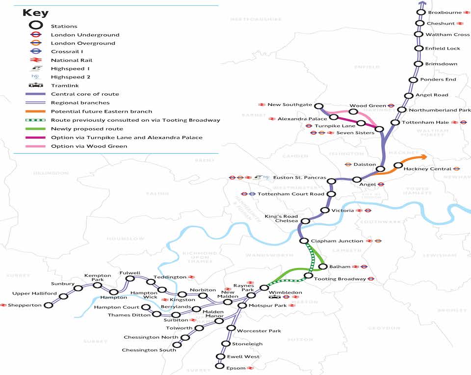 Schematic map of theorised route of Crossrail 2 - a line north-south across London