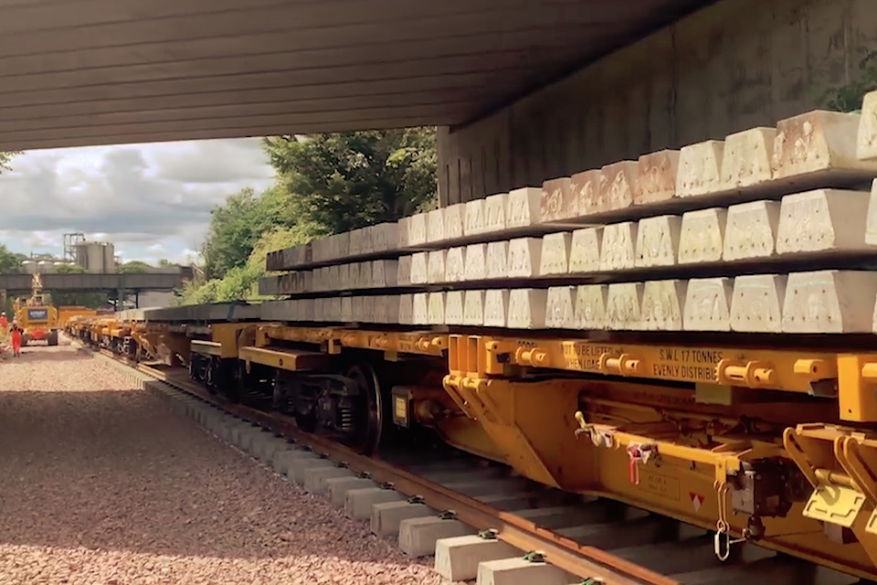 Track panel train making delivery to Levenmouth Railway Project in Scotland