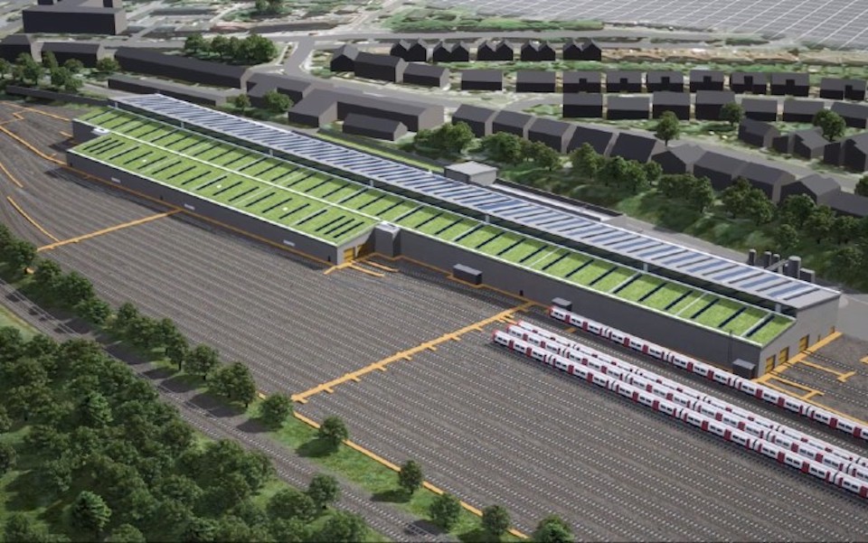 Aerial view of the green roofs on the CGI of the new Cockfosters depot for the new Piccadilly Line trains