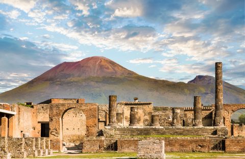 View of Italy’s most popular tourist destination, and one of the most famous archaeological sites in the world: Pompeii.