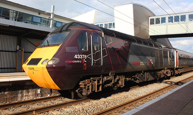 Three quarter view of CrossCountry Trains HST power car at Bristol Parkway