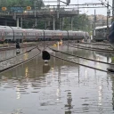 Flooded parking facility for trains in Norway after heavy rain in the night of August 27