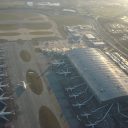 Aerial view of terminal five aircraft at stands at Heathrow