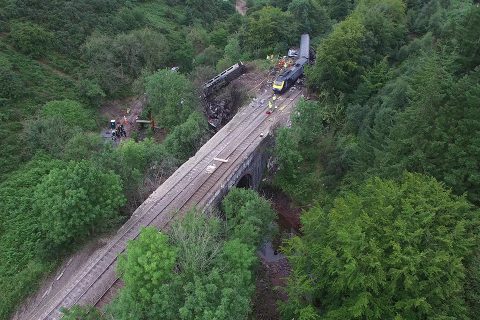 Train crash in Scotland at Carmont from the air. Inter7City HST set crashed down a bridge parapet in heavily wooded location