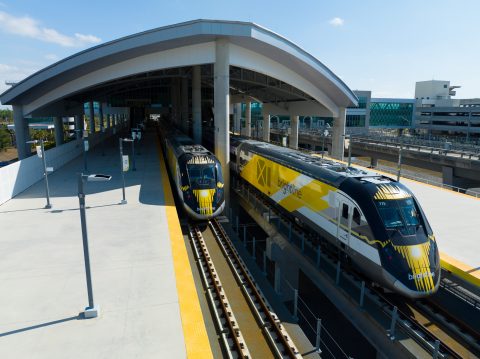 Brightline trains at the new Orlando station
