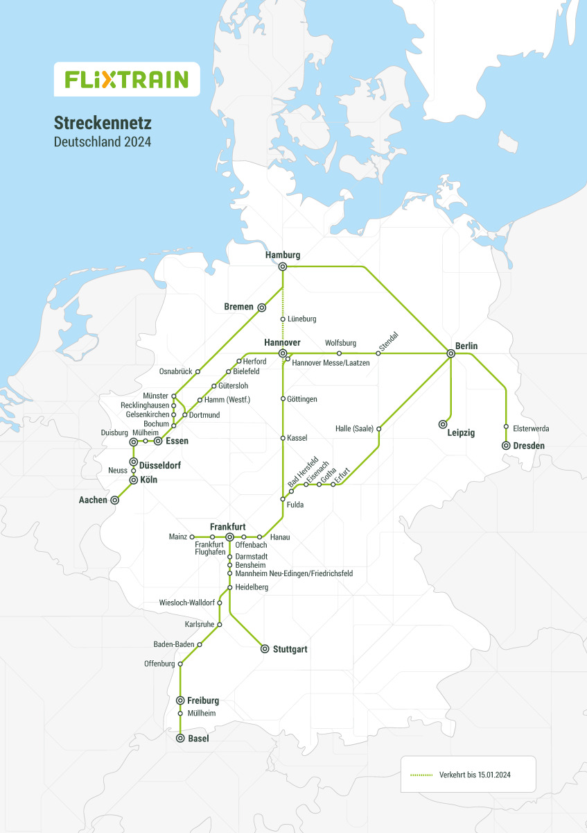 Map of FlixTrain destinations in 2024