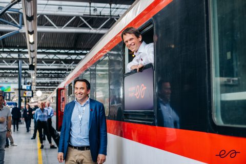 European Sleeper founders Elmer van Buuren and Chris Engelsman at the launch of their night train in May 2023