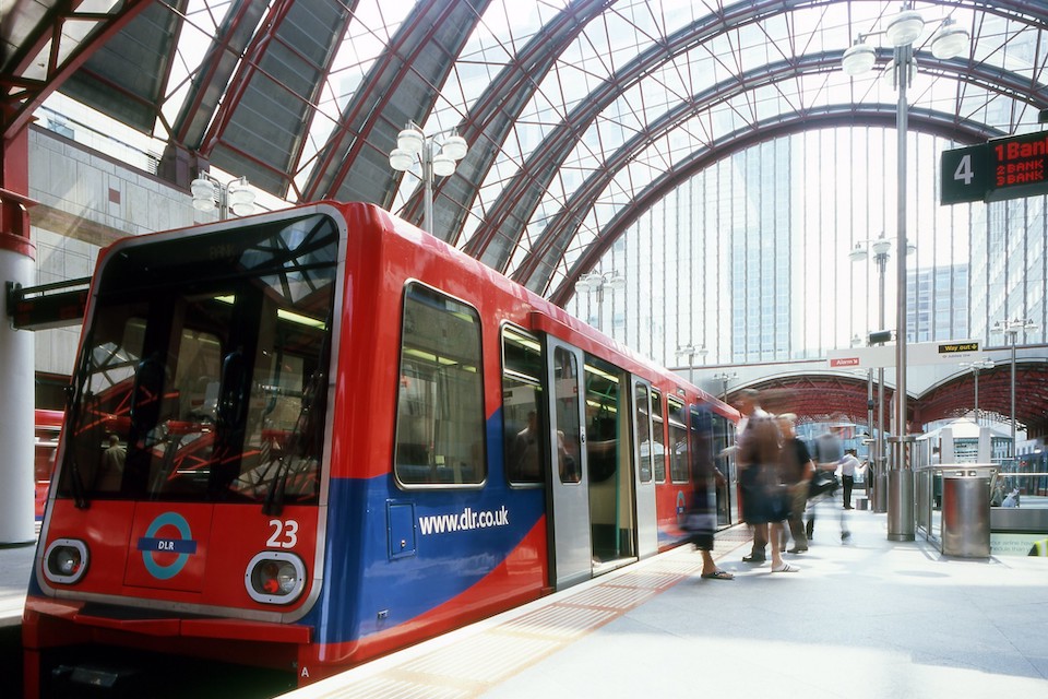 Docklands Light Railway train at Canary Wharf in London