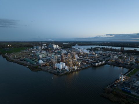 Aerial drone view of a PFAS production factory in Dordrecht, The Netherlands