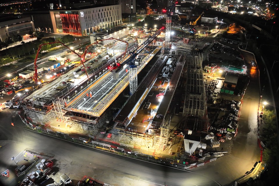 Nighttime overhead view of viaducts being built in Birmingham