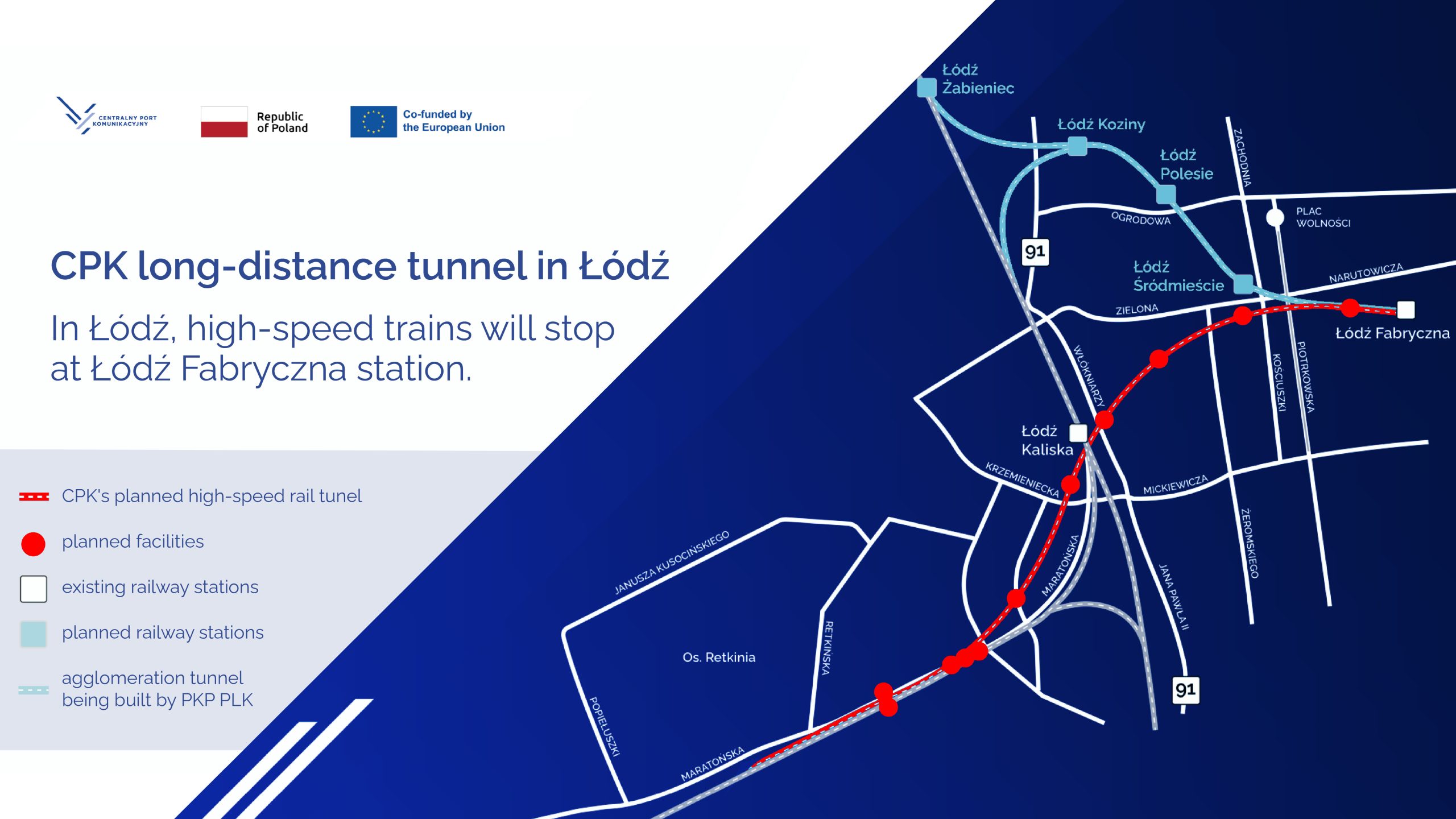 Map with the high-speed rail tunnel in Łódź, Poland