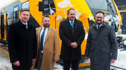 The launch ceremony took place at Riga Central Station at 10:58 local time, in the presence of Minister of Transport Kaspars Briškens (right).
