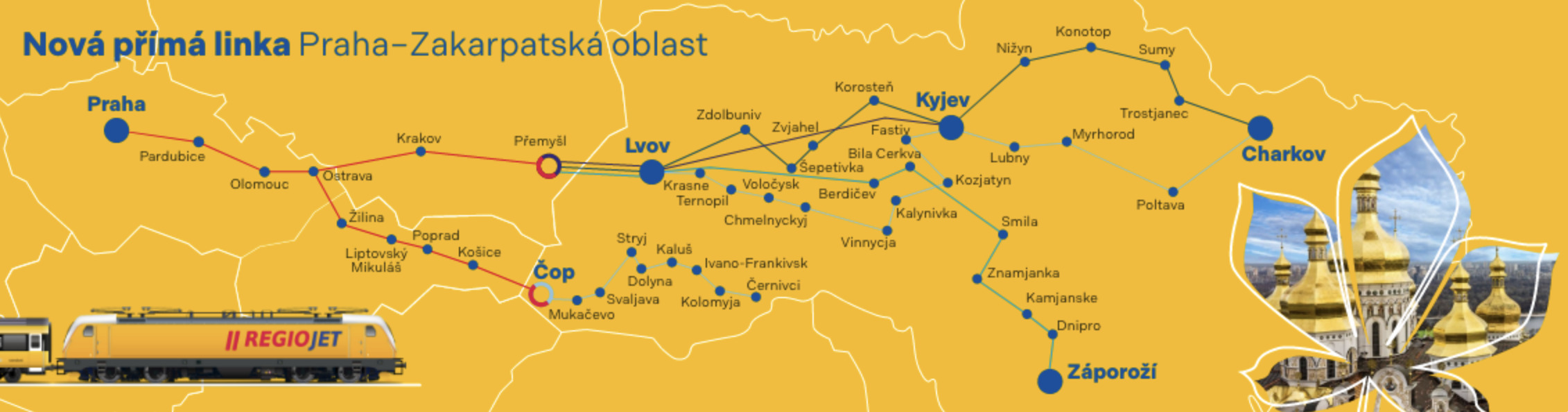 Starting from March 27th, RegioJet has added a second line to Ukraine, connecting through Slovakia to the Zakarpattia Oblast. Passengers now have the option to choose between two lines. (Photo: RejioJet)